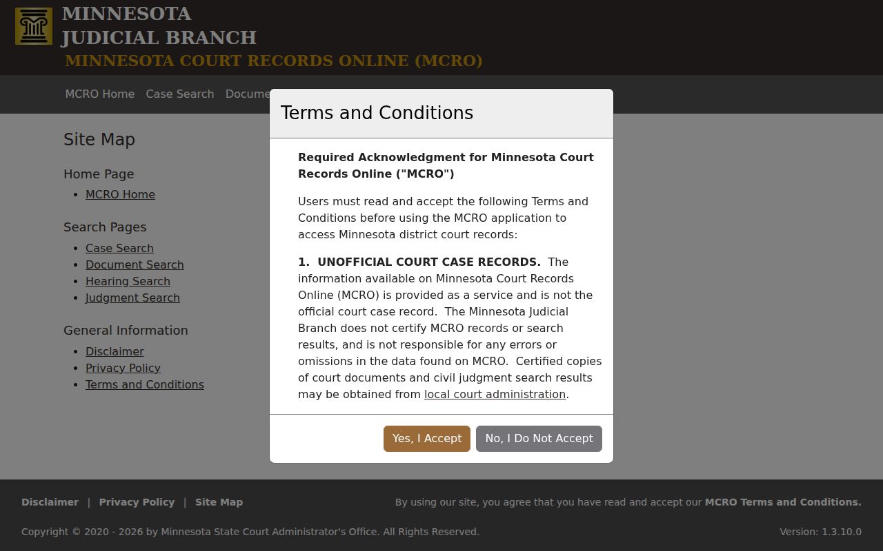 Freeborn County case search MCRO site map and terms