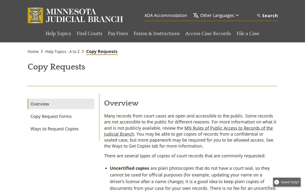 Freeborn County civil court docket copy request information