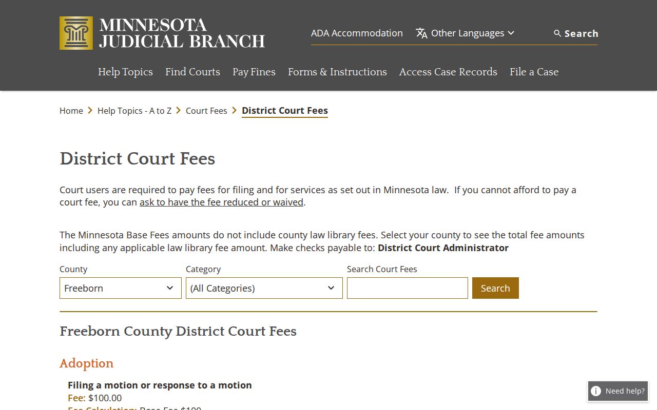 Freeborn County civil court docket District Court fees