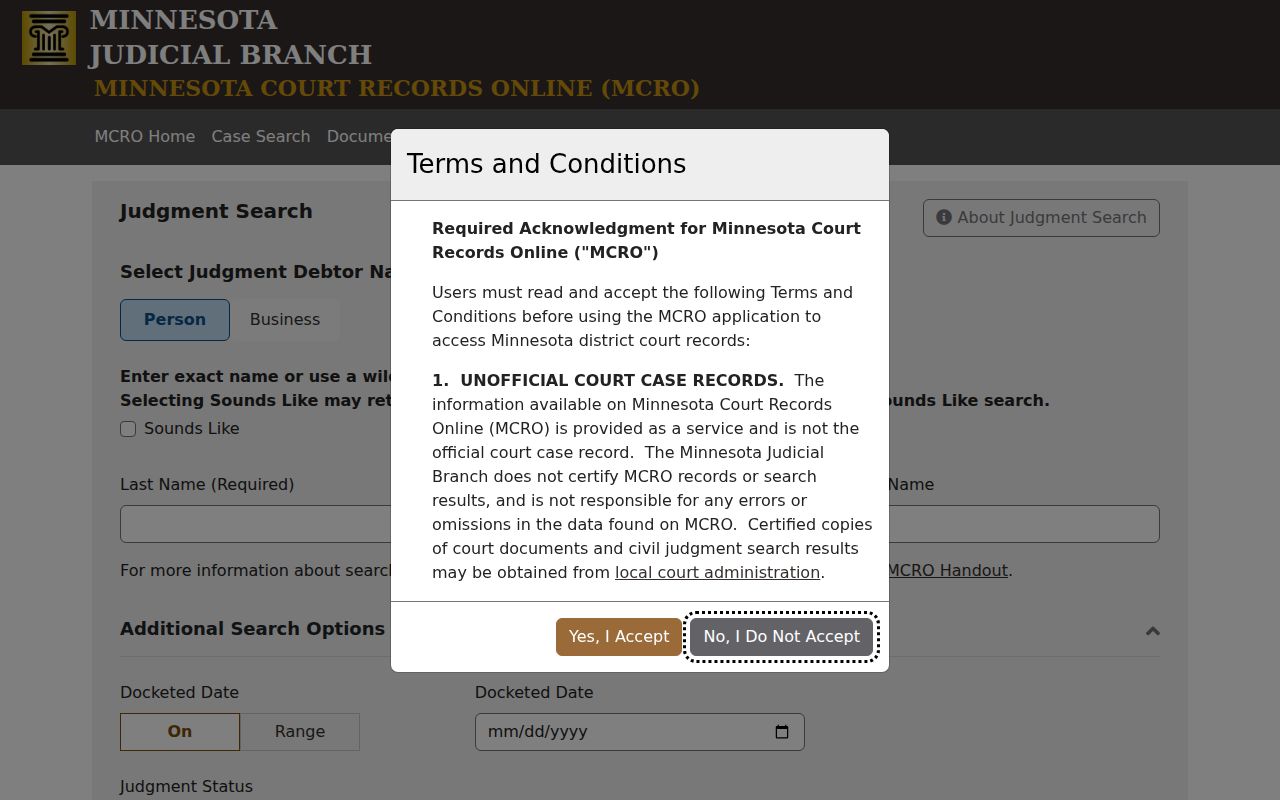 Freeborn County civil court docket MCRO Judgment Search