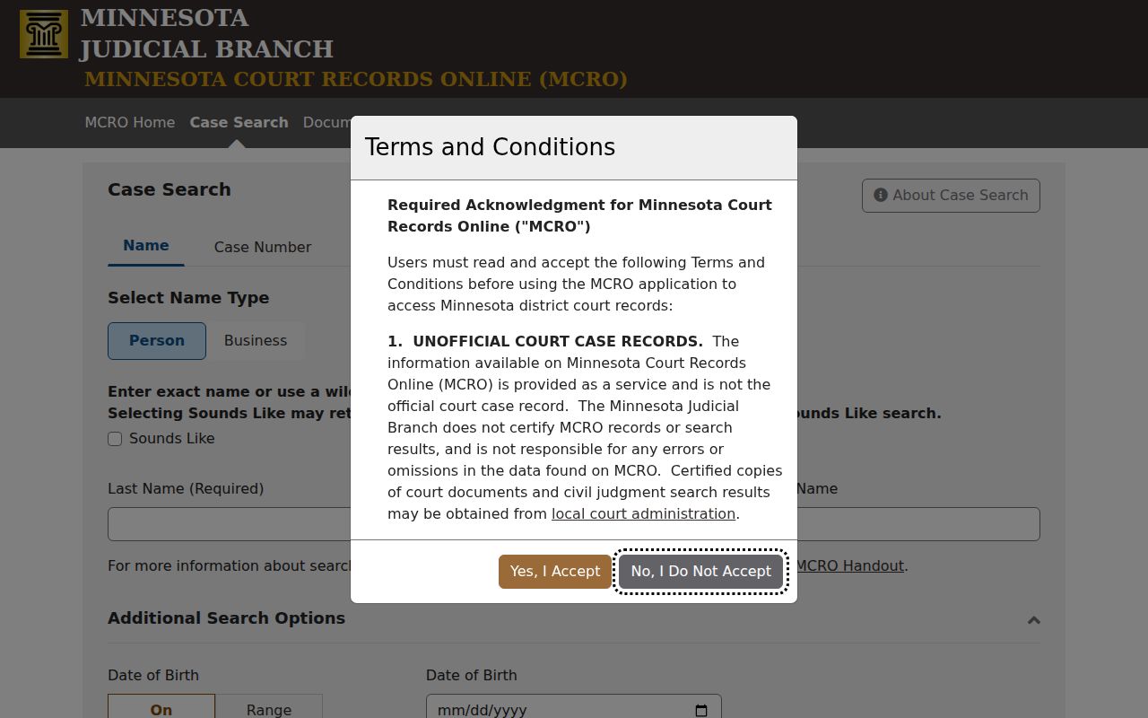Freeborn County criminal court docket MCRO Case Search