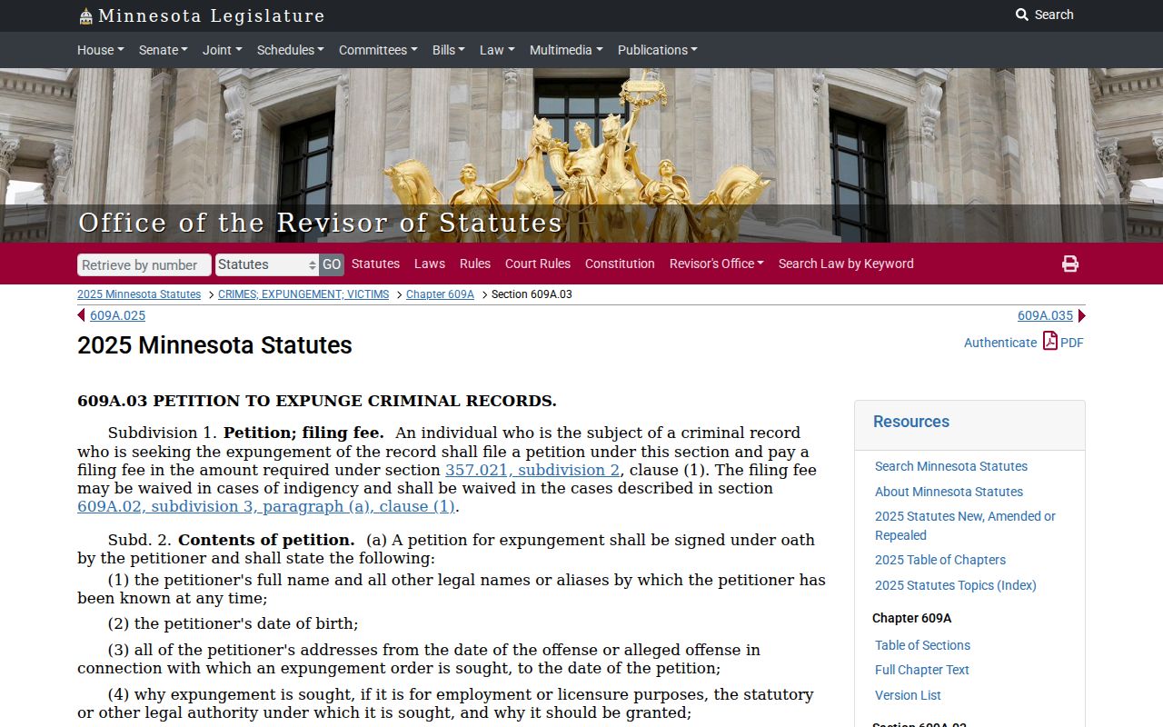 Freeborn County criminal court docket expungement statute reference