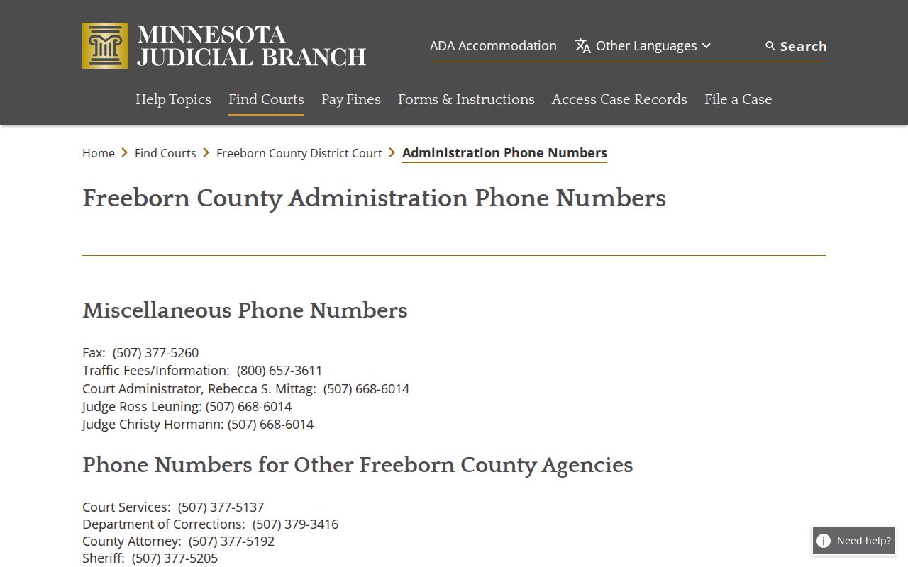 Freeborn County court docket Court Administration contact information