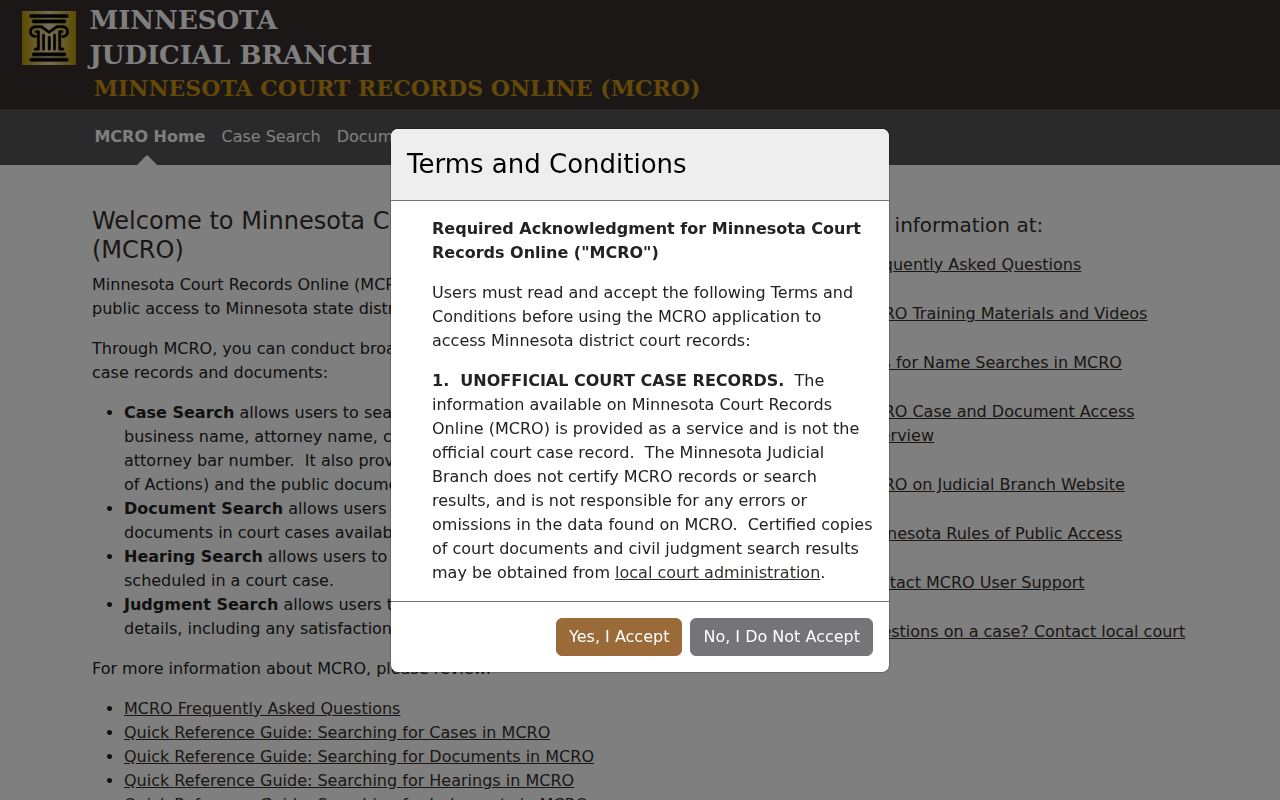 Freeborn County court docket access through the Minnesota Court Records Online portal